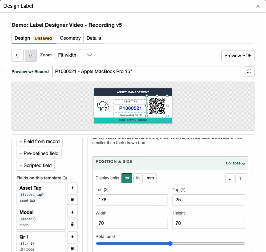 Label Designer showing a completed asset label with a logo, live asset data, and a QR code